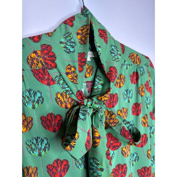 2010s Ann Mashburn Green Floral Printed Bow Blouse size  Small - Picture 5 of 15